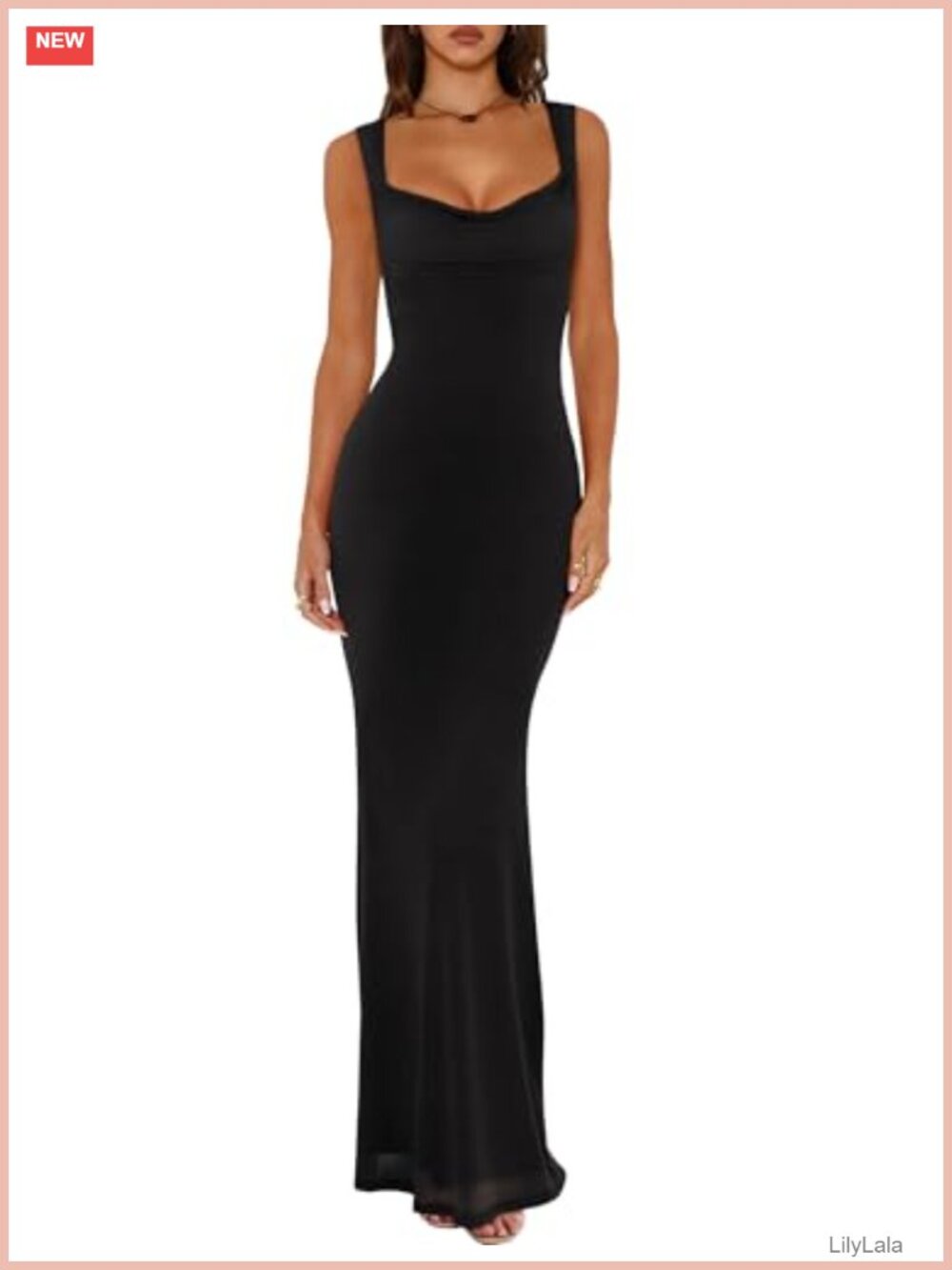 REORIA Women's Cowl Neck Mesh Sleeveless Bodycon Maxi Dress